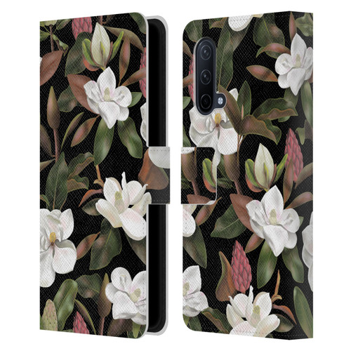 Anis Illustration Magnolias Pattern Black Leather Book Wallet Case Cover For OnePlus Nord CE 5G