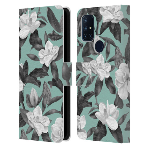 Anis Illustration Magnolias Grey Aqua Leather Book Wallet Case Cover For OnePlus Nord N10 5G