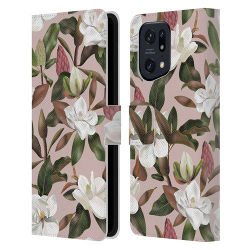 Anis Illustration Magnolias Pattern Light Pink Leather Book Wallet Case Cover For OPPO Find X5 Pro