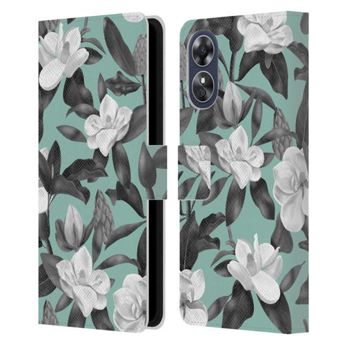 Anis Illustration Magnolias Grey Aqua Leather Book Wallet Case Cover For OPPO A17