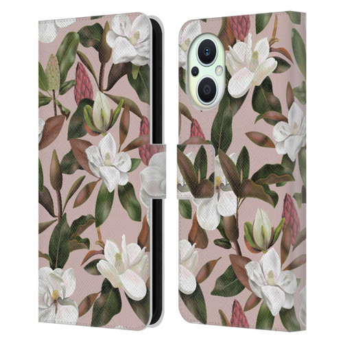 Anis Illustration Magnolias Pattern Light Pink Leather Book Wallet Case Cover For OPPO Reno8 Lite