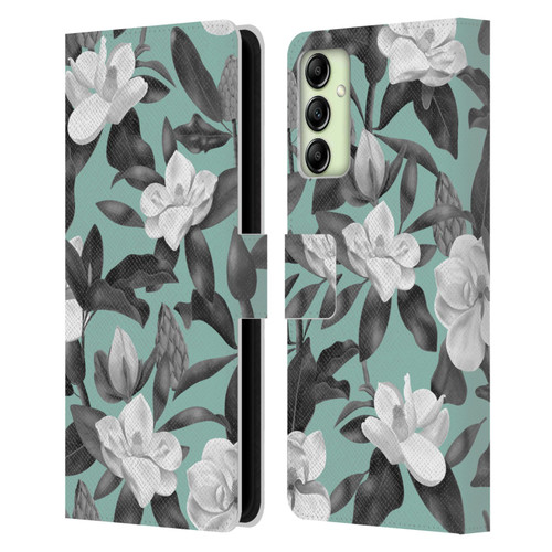 Anis Illustration Magnolias Grey Aqua Leather Book Wallet Case Cover For Samsung Galaxy A14 5G