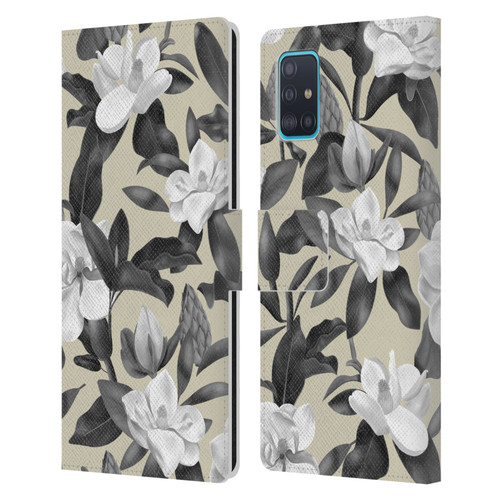 Anis Illustration Magnolias Grey Beige Leather Book Wallet Case Cover For Samsung Galaxy A51 (2019)