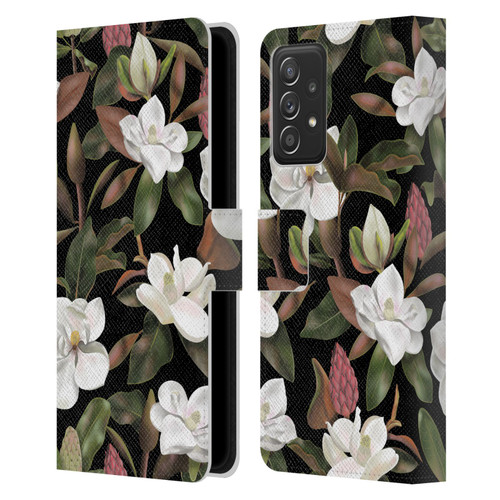 Anis Illustration Magnolias Pattern Black Leather Book Wallet Case Cover For Samsung Galaxy A52 / A52s / 5G (2021)