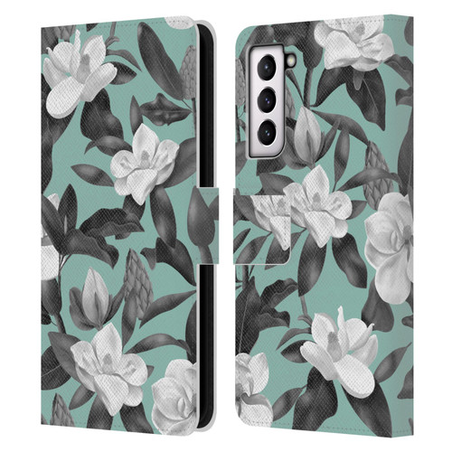 Anis Illustration Magnolias Grey Aqua Leather Book Wallet Case Cover For Samsung Galaxy S21 5G