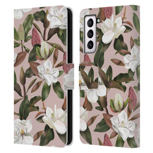 Anis Illustration Magnolias Pattern Light Pink Leather Book Wallet Case Cover For Samsung Galaxy S21 5G