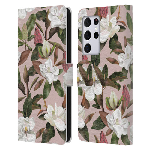 Anis Illustration Magnolias Pattern Light Pink Leather Book Wallet Case Cover For Samsung Galaxy S21 Ultra 5G