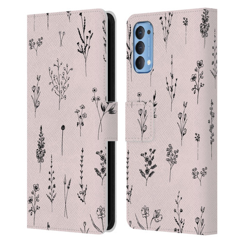 Anis Illustration Wildflowers Light Pink Leather Book Wallet Case Cover For OPPO Reno 4 5G