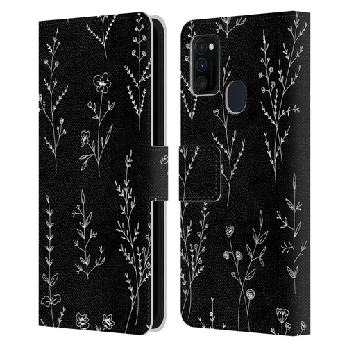 Anis Illustration Wildflowers Black Leather Book Wallet Case Cover For Samsung Galaxy M30s (2019)/M21 (2020)