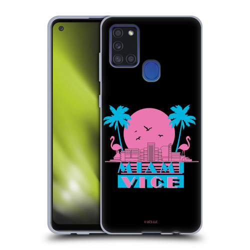 Miami Vice Graphics Sunset Flamingos Soft Gel Case for Samsung Galaxy A21s (2020)