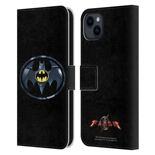 The Flash 2023 Graphics Black Batman Logo Leather Book Wallet Case Cover For Apple iPhone 15 Plus