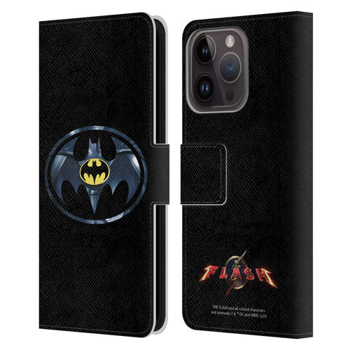 The Flash 2023 Graphics Black Batman Logo Leather Book Wallet Case Cover For Apple iPhone 15 Pro