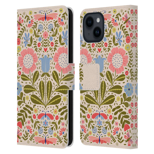 Gabriela Thomeu Floral Blooms & Butterflies Leather Book Wallet Case Cover For Apple iPhone 15