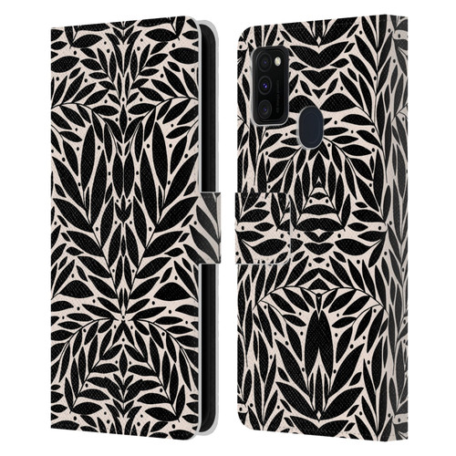 Gabriela Thomeu Floral Black And White Folk Leaves Leather Book Wallet Case Cover For Samsung Galaxy M30s (2019)/M21 (2020)