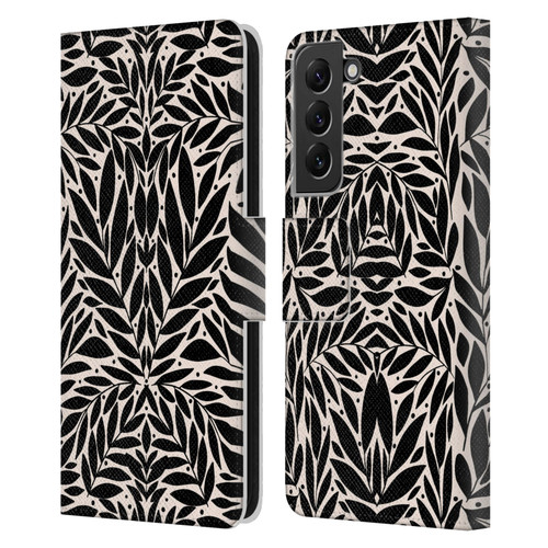 Gabriela Thomeu Floral Black And White Folk Leaves Leather Book Wallet Case Cover For Samsung Galaxy S22+ 5G
