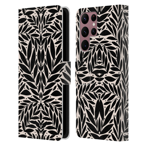 Gabriela Thomeu Floral Black And White Folk Leaves Leather Book Wallet Case Cover For Samsung Galaxy S22 Ultra 5G