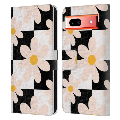 Gabriela Thomeu Retro Black & White Checkered Daisies Leather Book Wallet Case Cover For Google Pixel 7a