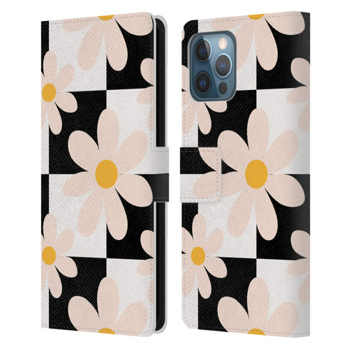 Gabriela Thomeu Retro Black & White Checkered Daisies Leather Book Wallet Case Cover For Apple iPhone 12 Pro Max