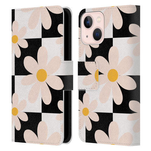 Gabriela Thomeu Retro Black & White Checkered Daisies Leather Book Wallet Case Cover For Apple iPhone 13 Mini