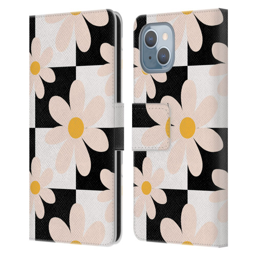 Gabriela Thomeu Retro Black & White Checkered Daisies Leather Book Wallet Case Cover For Apple iPhone 14