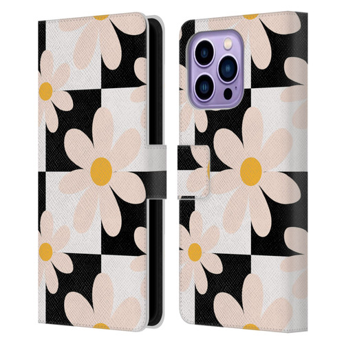 Gabriela Thomeu Retro Black & White Checkered Daisies Leather Book Wallet Case Cover For Apple iPhone 14 Pro Max