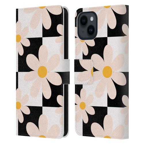 Gabriela Thomeu Retro Black & White Checkered Daisies Leather Book Wallet Case Cover For Apple iPhone 15