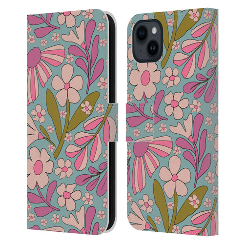 Gabriela Thomeu Retro Groovy 70s Blue Leather Book Wallet Case Cover For Apple iPhone 15 Plus