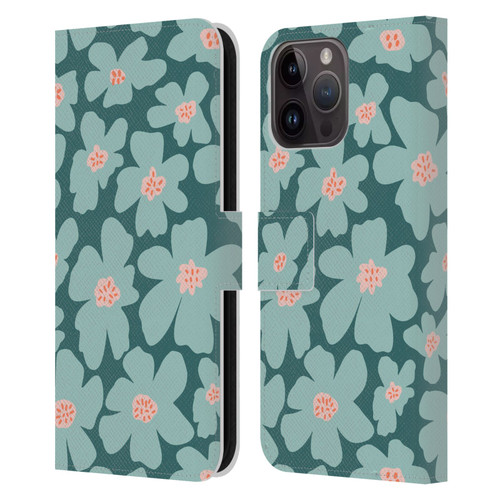 Gabriela Thomeu Retro Daisy Green Leather Book Wallet Case Cover For Apple iPhone 15 Pro Max