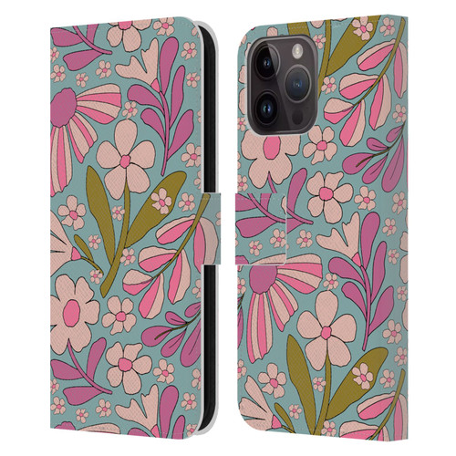 Gabriela Thomeu Retro Groovy 70s Blue Leather Book Wallet Case Cover For Apple iPhone 15 Pro Max