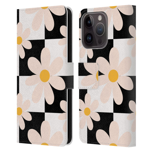 Gabriela Thomeu Retro Black & White Checkered Daisies Leather Book Wallet Case Cover For Apple iPhone 15 Pro