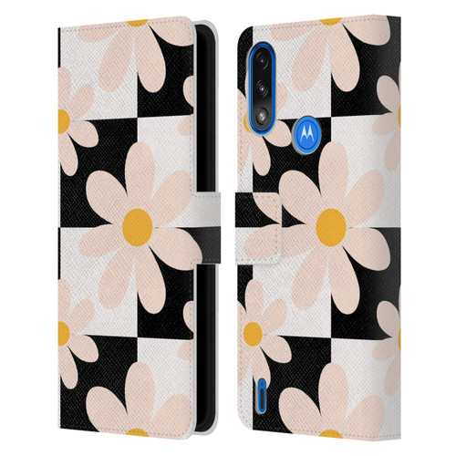 Gabriela Thomeu Retro Black & White Checkered Daisies Leather Book Wallet Case Cover For Motorola Moto E7 Power / Moto E7i Power