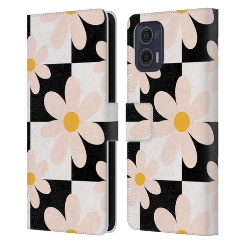 Gabriela Thomeu Retro Black & White Checkered Daisies Leather Book Wallet Case Cover For Motorola Moto G73 5G