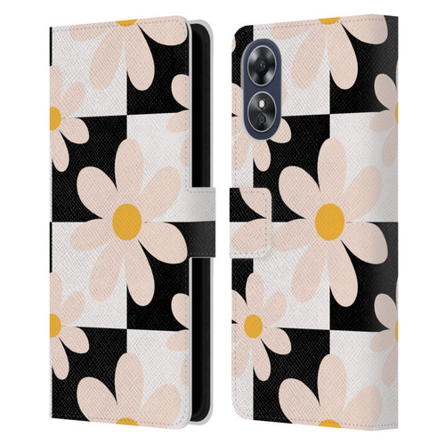 Gabriela Thomeu Retro Black & White Checkered Daisies Leather Book Wallet Case Cover For OPPO A17