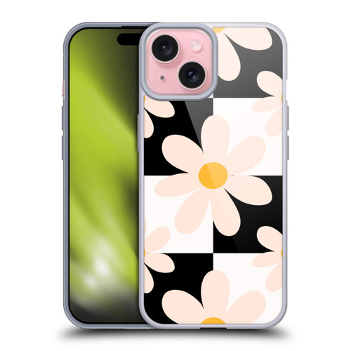 Gabriela Thomeu Retro Black & White Checkered Daisies Soft Gel Case for Apple iPhone 15