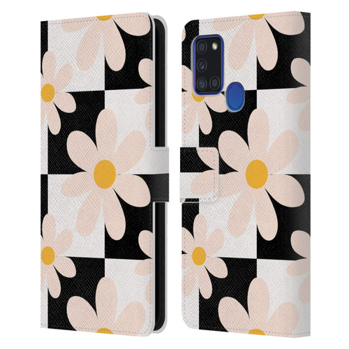 Gabriela Thomeu Retro Black & White Checkered Daisies Leather Book Wallet Case Cover For Samsung Galaxy A21s (2020)