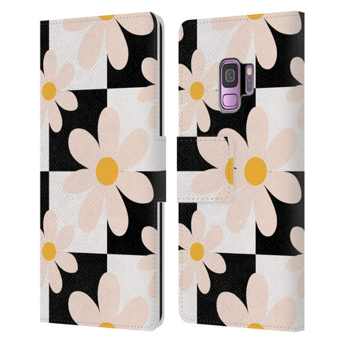 Gabriela Thomeu Retro Black & White Checkered Daisies Leather Book Wallet Case Cover For Samsung Galaxy S9