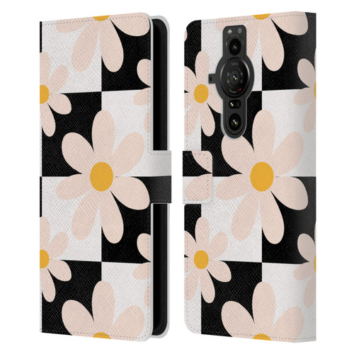 Gabriela Thomeu Retro Black & White Checkered Daisies Leather Book Wallet Case Cover For Sony Xperia Pro-I