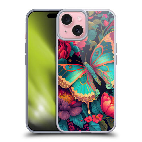 JK Stewart Art Butterfly And Flowers Soft Gel Case for Apple iPhone 15