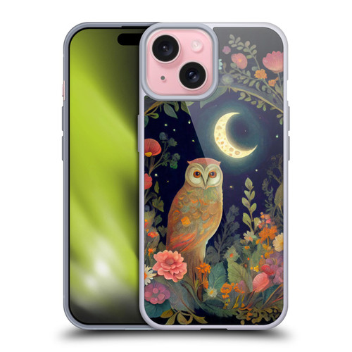 JK Stewart Key Art Owl Crescent Moon Night Garden Soft Gel Case for Apple iPhone 15