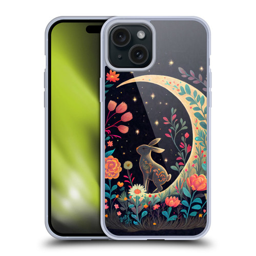 JK Stewart Key Art Rabbit On Crescent Moon Soft Gel Case for Apple iPhone 15 Plus