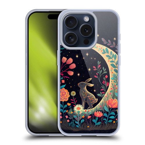 JK Stewart Key Art Rabbit On Crescent Moon Soft Gel Case for Apple iPhone 15 Pro
