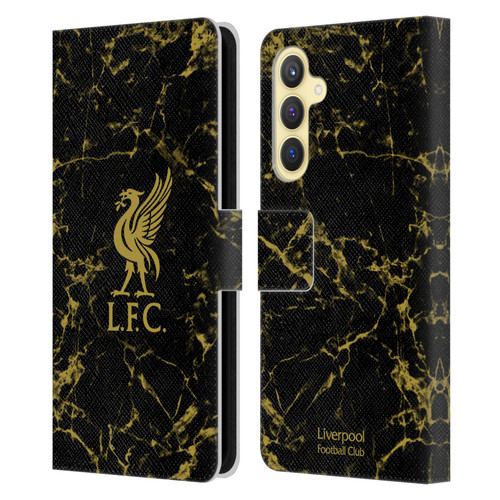 Liverpool Football Club Crest & Liverbird Patterns 1 Black & Gold Marble Leather Book Wallet Case Cover For Samsung Galaxy S23 FE 5G