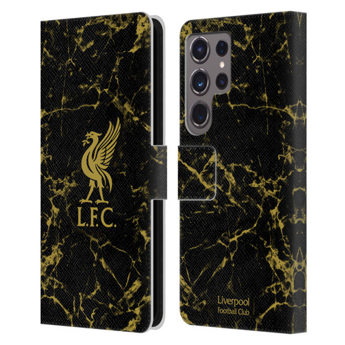 Liverpool Football Club Crest & Liverbird Patterns 1 Black & Gold Marble Leather Book Wallet Case Cover For Samsung Galaxy S24 Ultra 5G