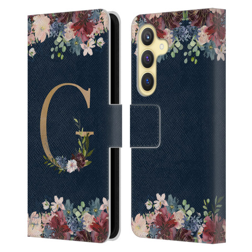 Nature Magick Floral Monogram Gold Navy Letter G Leather Book Wallet Case Cover For Samsung Galaxy S24 5G