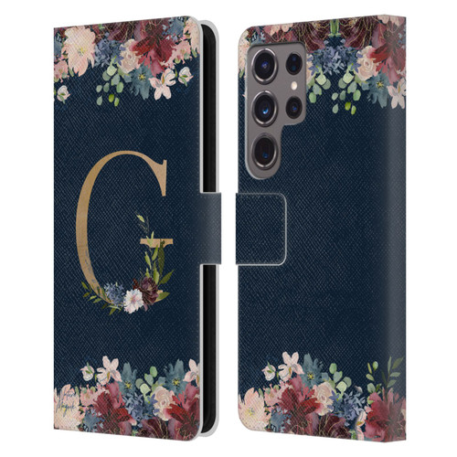Nature Magick Floral Monogram Gold Navy Letter G Leather Book Wallet Case Cover For Samsung Galaxy S24 Ultra 5G