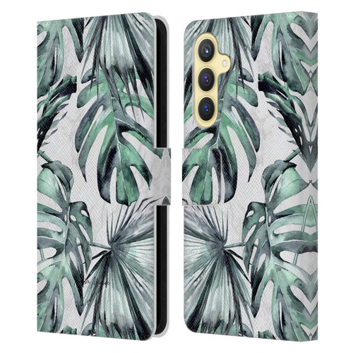 Nature Magick Tropical Palm Leaves On Marble Turquoise Green Island Leather Book Wallet Case Cover For Samsung Galaxy S23 FE 5G