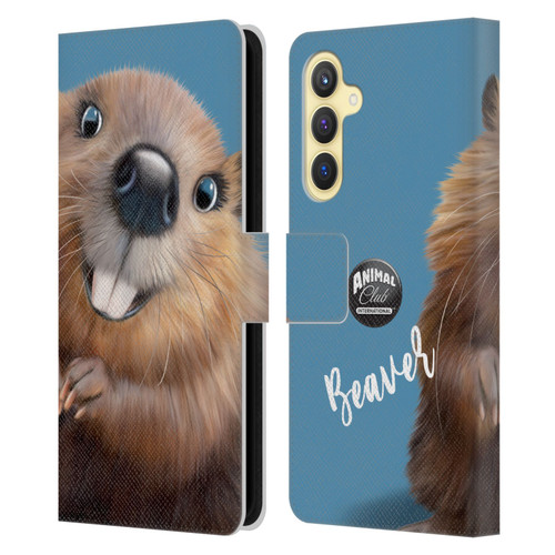 Animal Club International Faces Beaver Leather Book Wallet Case Cover For Samsung Galaxy S23 FE 5G