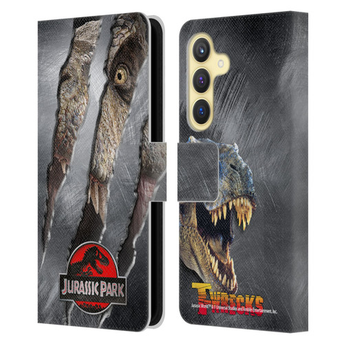 Jurassic Park Logo T-Rex Claw Mark Leather Book Wallet Case Cover For Samsung Galaxy S24 5G