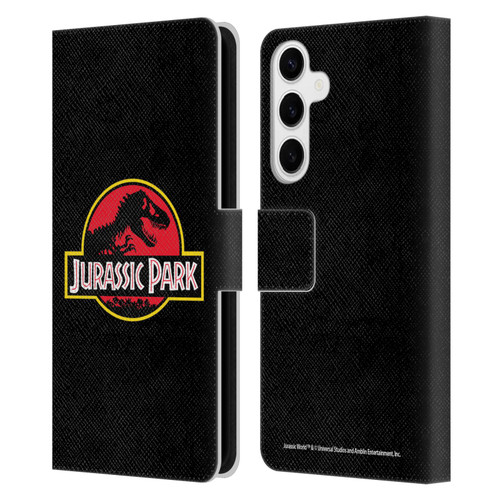 Jurassic Park Logo Plain Black Leather Book Wallet Case Cover For Samsung Galaxy S24+ 5G