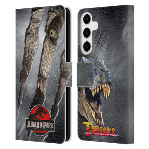 Jurassic Park Logo T-Rex Claw Mark Leather Book Wallet Case Cover For Samsung Galaxy S24+ 5G
